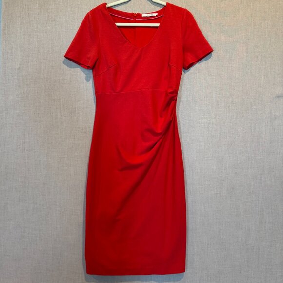 Boden Red Ruched Sheath Dress Size 8 Short Sleeve Stretch Midi Workwear Chic - Picture 3 of 10